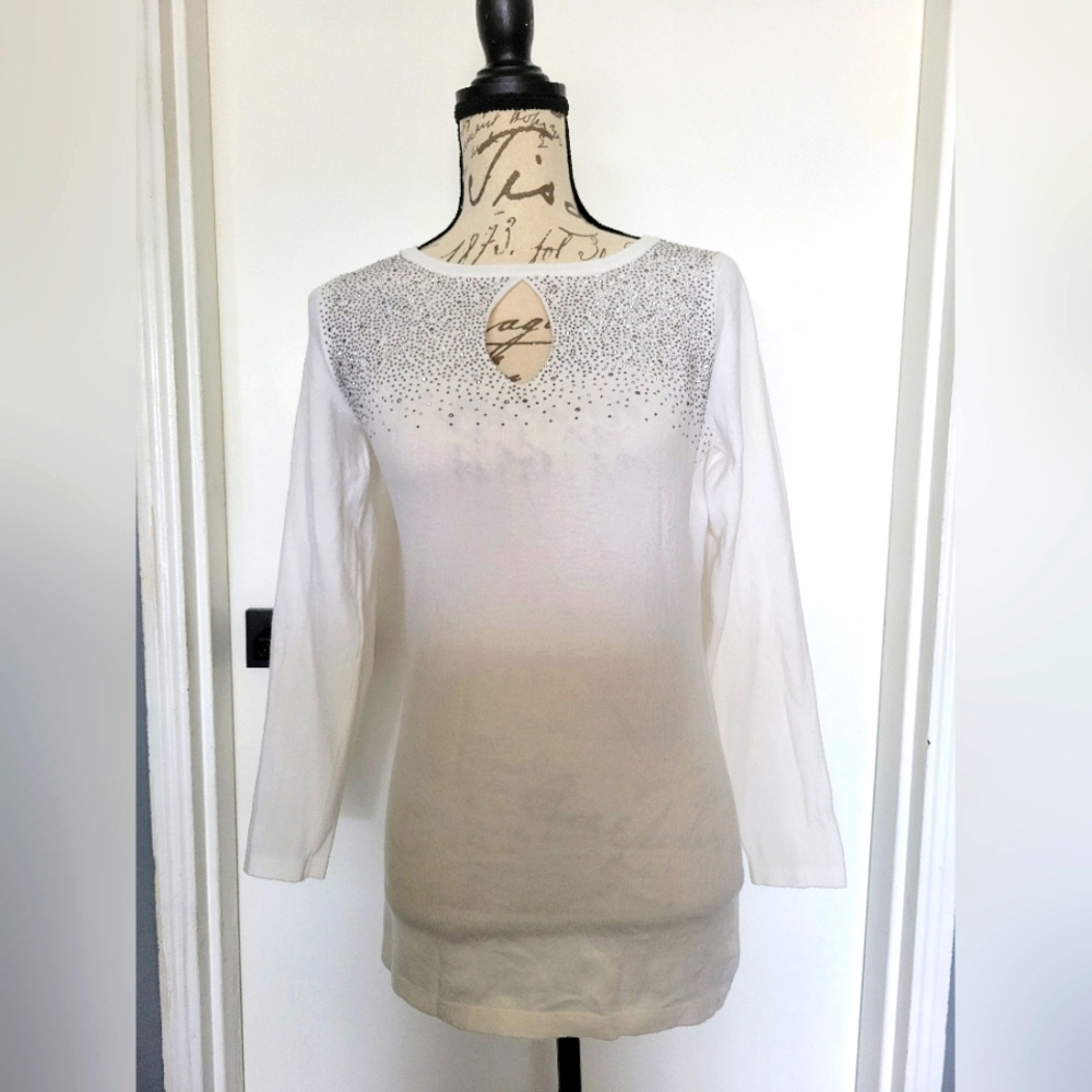 Lola B. White Rhinestones Embellished Cut Out Sweater Size M